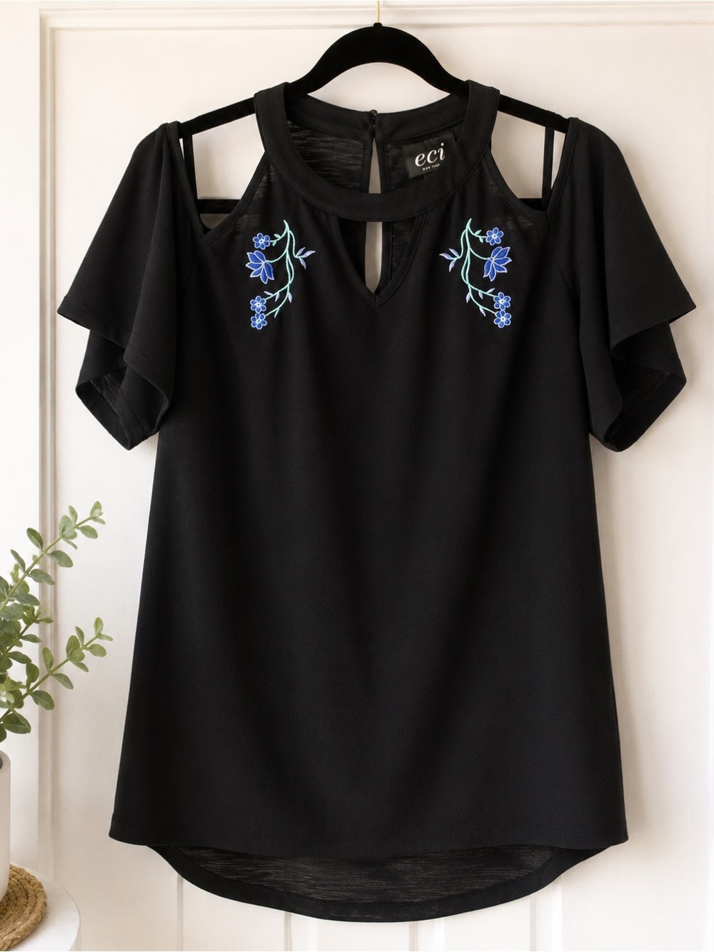 Cold Shoulder Embroidered Top Small Black Floral Keyhole Blouse